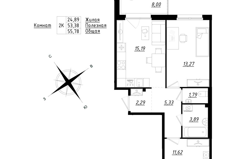 Продаётся 2-комнатная квартира, 56.03 м²