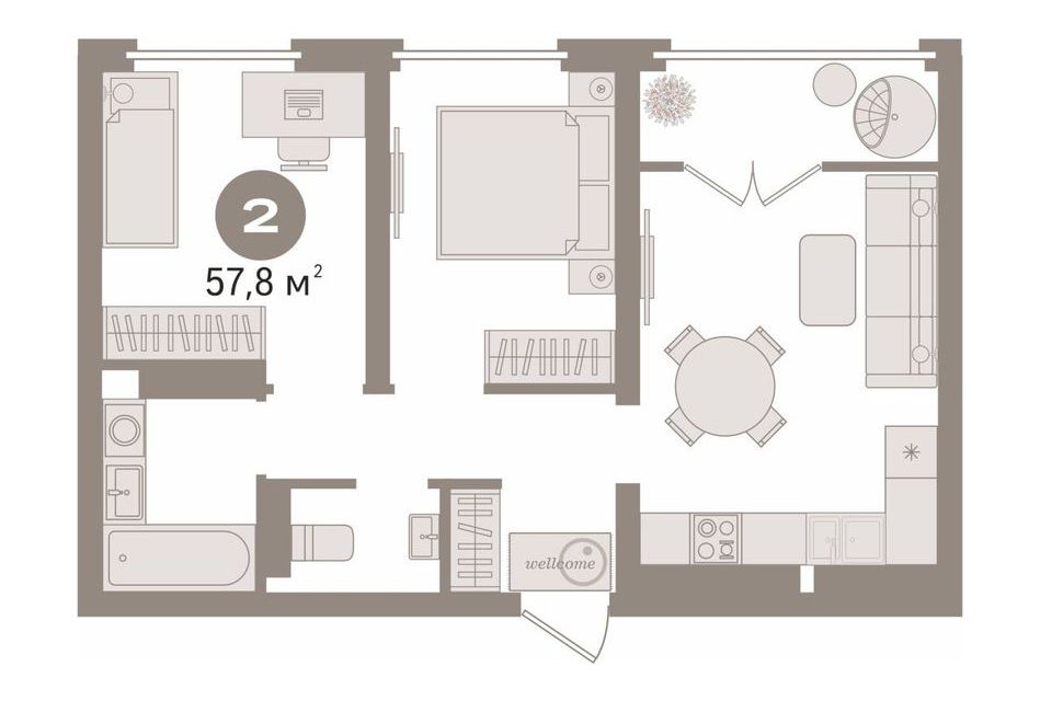 Продаётся 2-комнатная квартира, 57.8 м²