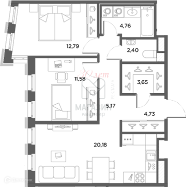 Продаётся 2-комнатная квартира, 65.26 м²