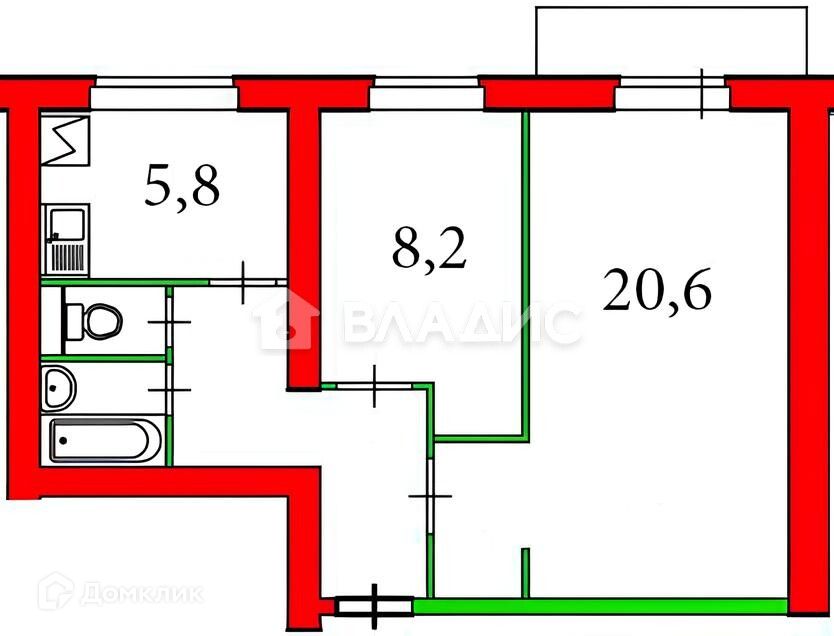 Продаётся 2-комнатная квартира, 45.3 м²