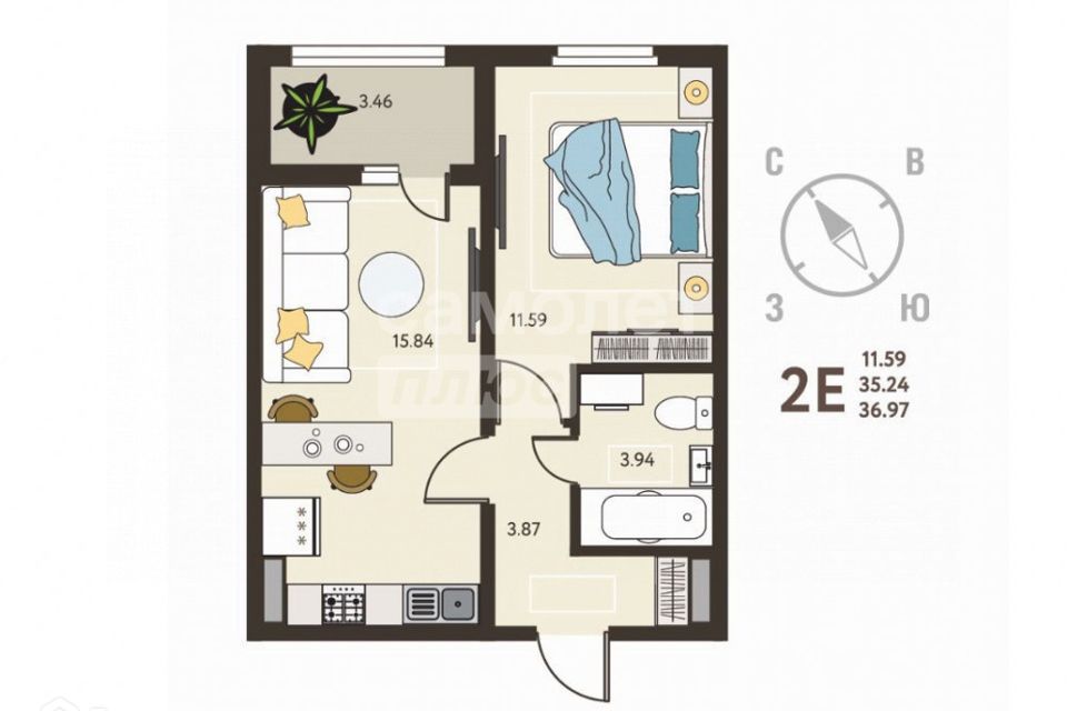 Продаётся 1-комнатная квартира, 36.97 м²