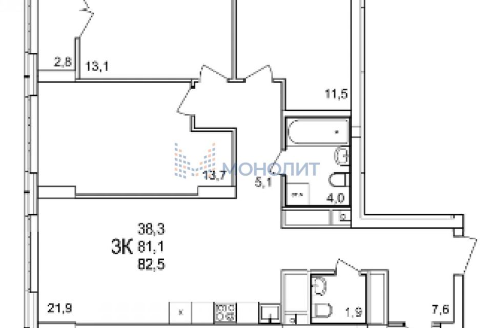 Продаётся 3-комнатная квартира, 82.5 м²