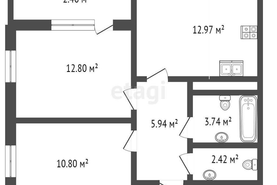 Продаётся 2-комнатная квартира, 52.4 м²