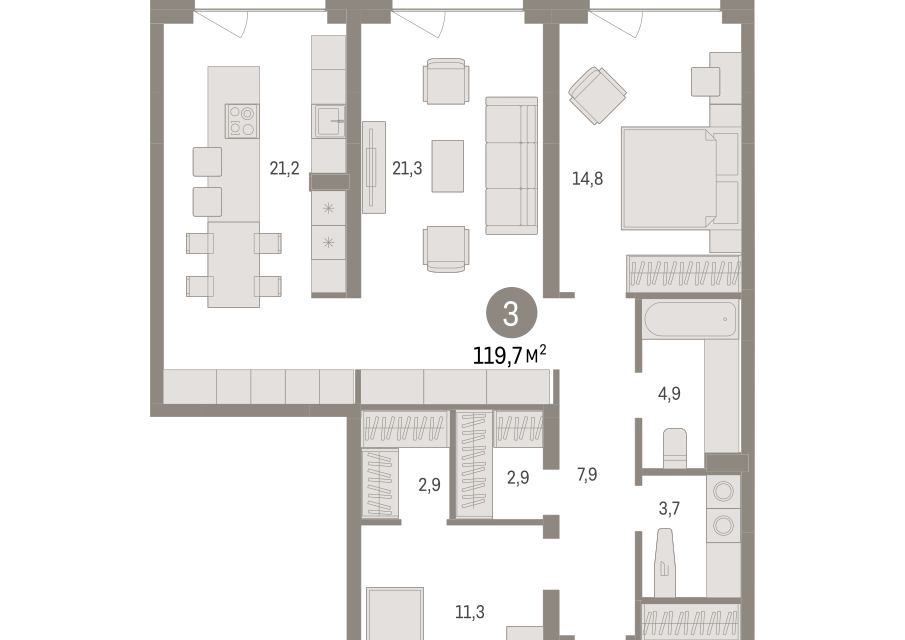 Продаётся 3-комнатная квартира, 119.73 м²