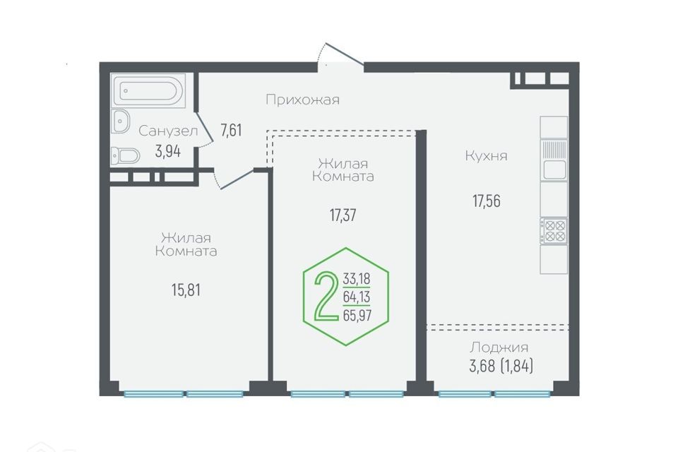 Продаётся 2-комнатная квартира, 66.1 м²