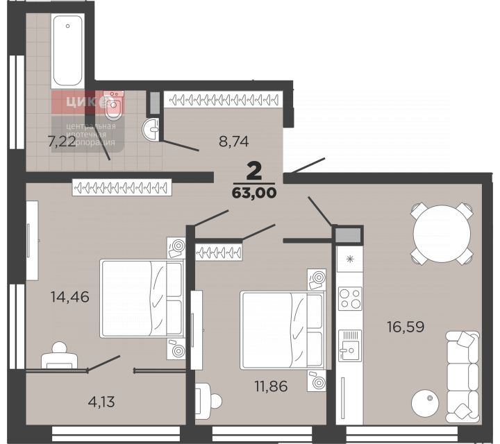 Продаётся 2-комнатная квартира, 63 м²