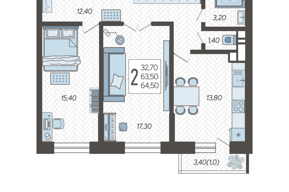 Продаётся 2-комнатная квартира, 64.5 м²