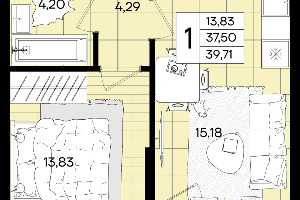 Продаётся 1-комнатная квартира, 39.71 м²