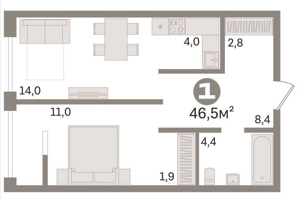 Продаётся 1-комнатная квартира, 46.5 м²