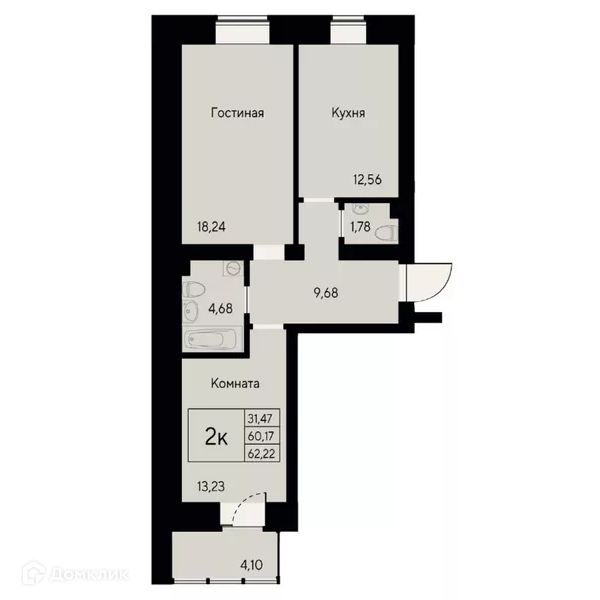 Продаётся 2-комнатная квартира, 61.5 м²