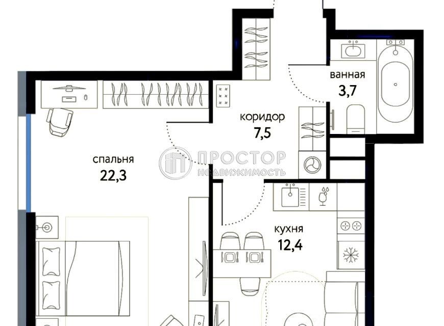 Продаётся 1-комнатная квартира, 45.9 м²