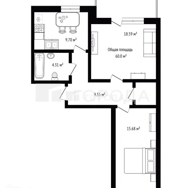 Продаётся 2-комнатная квартира, 59.9 м²