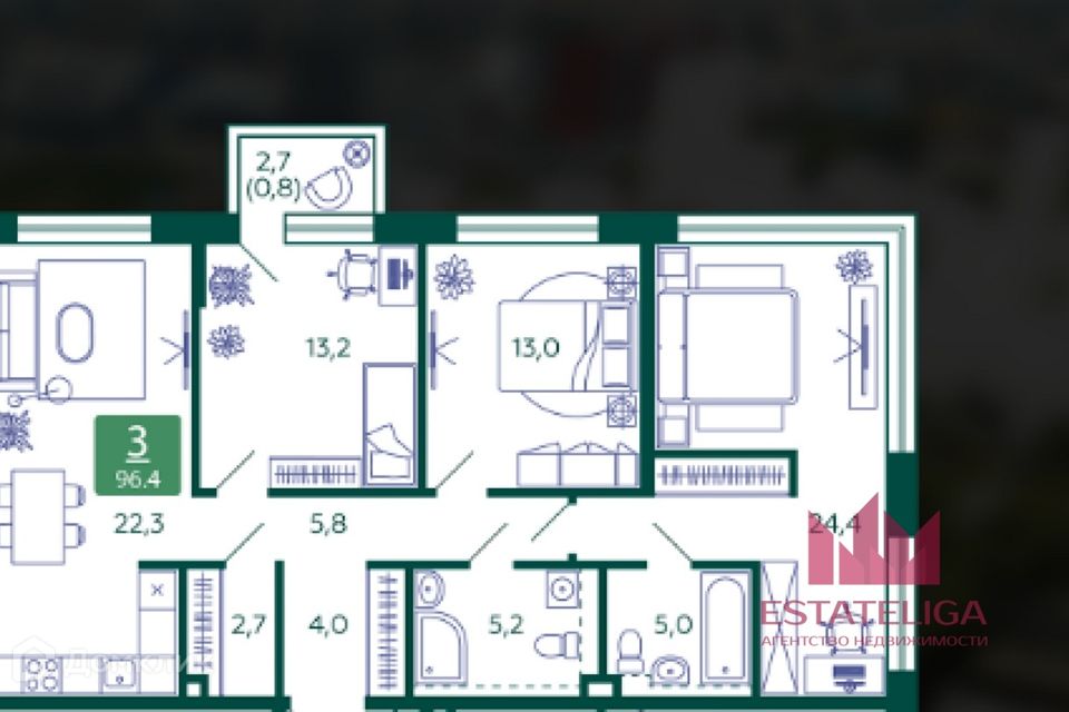 Продаётся 3-комнатная квартира, 96.4 м²