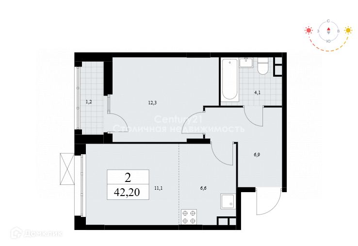 Продаётся 2-комнатная квартира, 42.2 м²