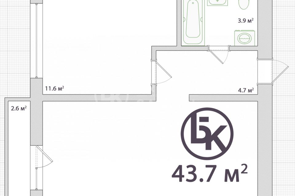 Продаётся 1-комнатная квартира, 43.7 м²