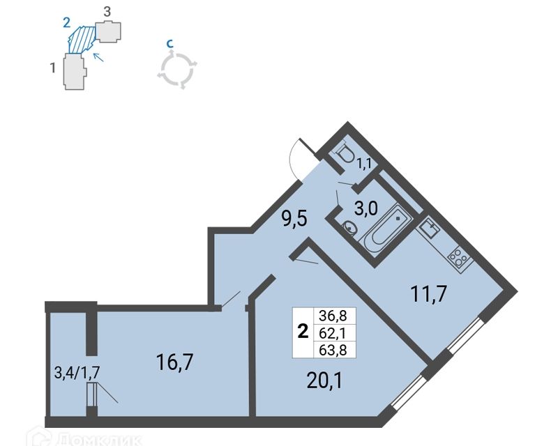 Продаётся 2-комнатная квартира, 63.8 м²