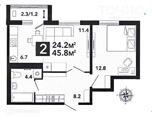 Продаётся 2-комнатная квартира, 45.8 м²