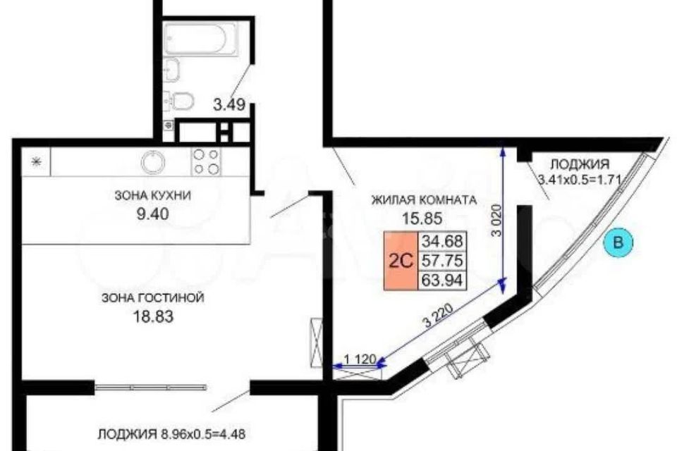 Продаётся 2-комнатная квартира, 63.9 м²