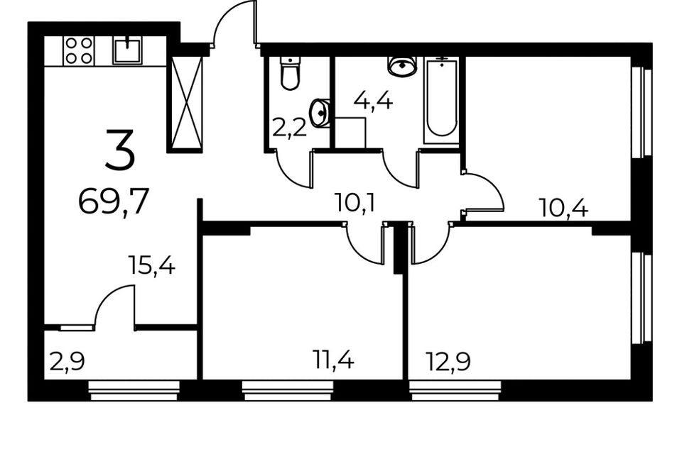 Продаётся 3-комнатная квартира, 68.3 м²