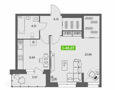 Продаётся 1-комнатная квартира, 43.48 м²