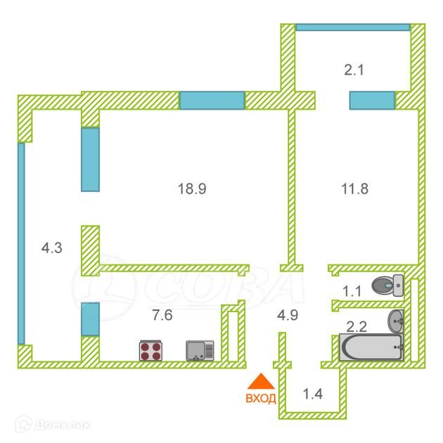 Продаётся 2-комнатная квартира, 54.3 м²
