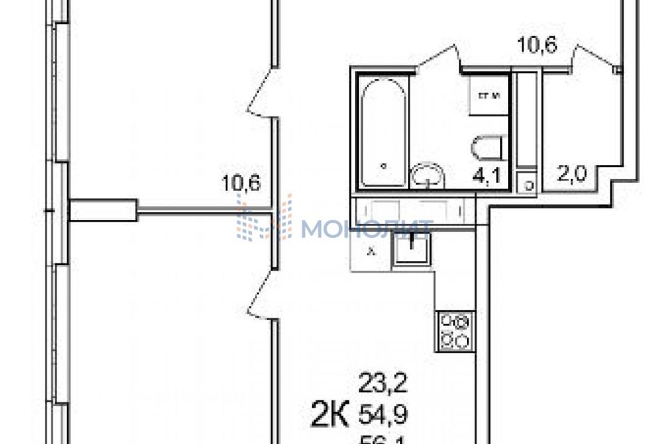 Продаётся 2-комнатная квартира, 56.1 м²