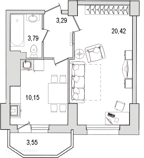 Продаётся 1-комнатная квартира, 41.6 м²