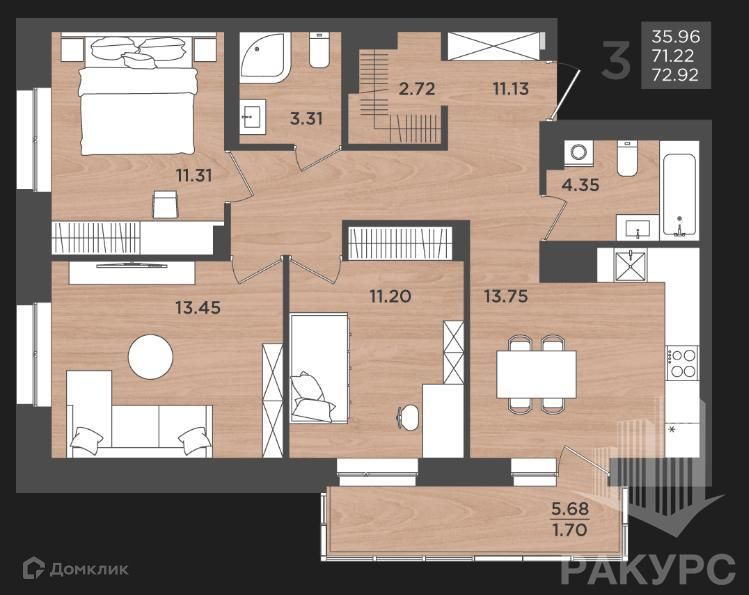 Продаётся 3-комнатная квартира, 72 м²