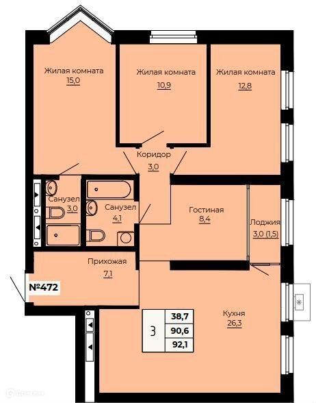 Продаётся 3-комнатная квартира, 92.2 м²
