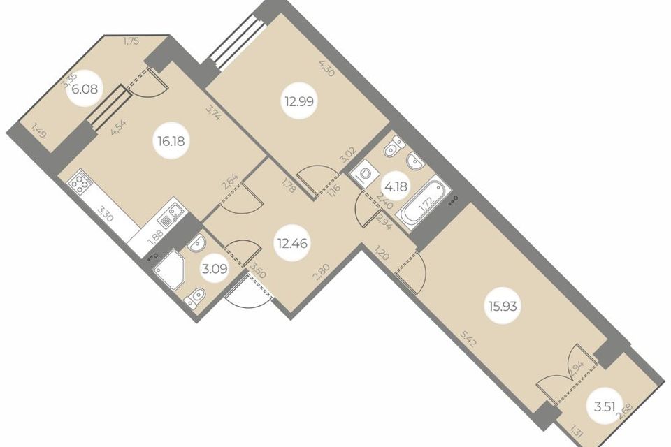 Продаётся 2-комнатная квартира, 69.63 м²