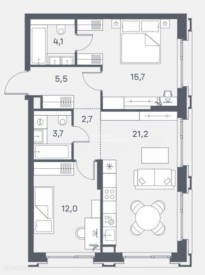 Продаётся 2-комнатная квартира, 57 м²