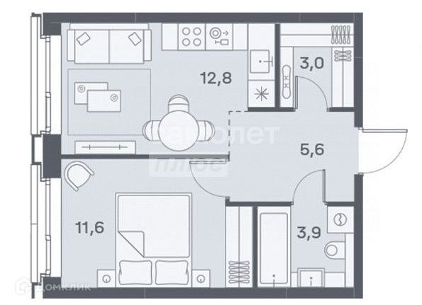 Продаётся 1-комнатная квартира, 36.9 м²