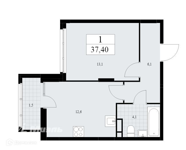 Продаётся 1-комнатная квартира, 37.4 м²
