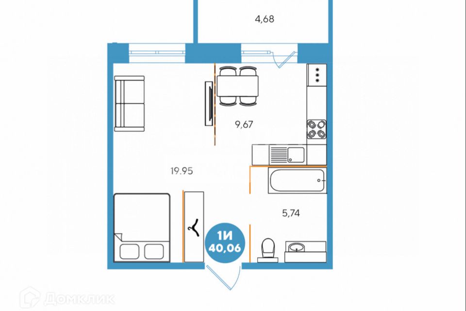 Продаётся 1-комнатная квартира, 40.6 м²
