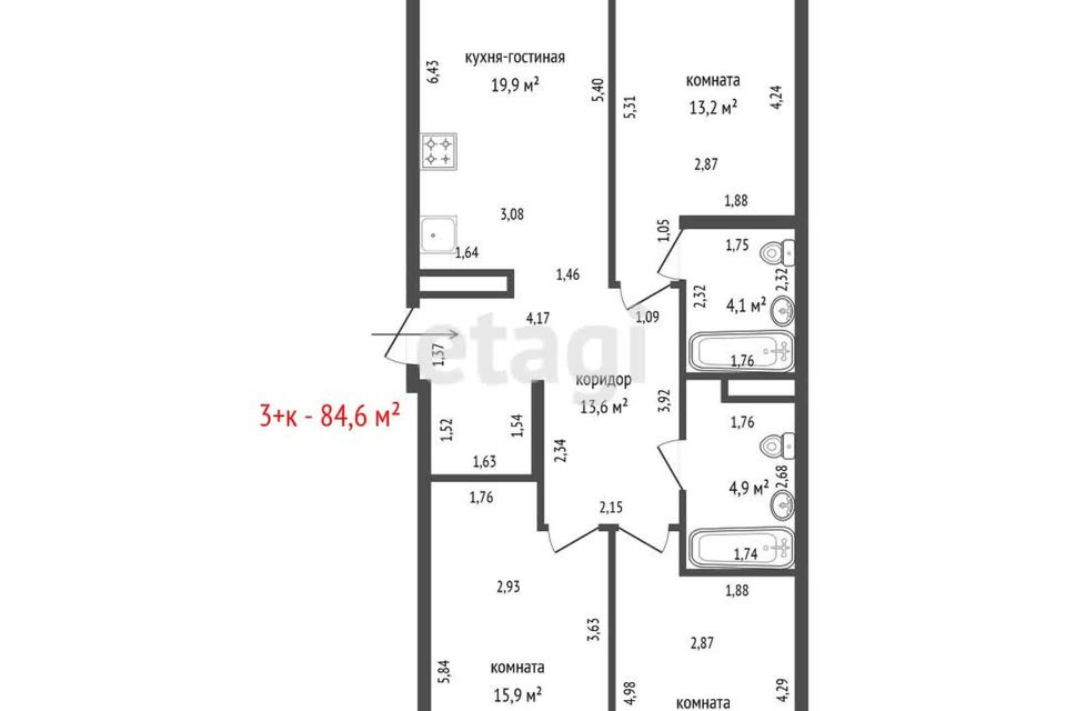 Продаётся 3-комнатная квартира, 84.6 м²