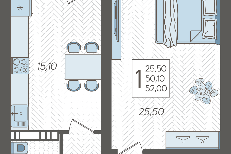 Продаётся 1-комнатная квартира, 52 м²