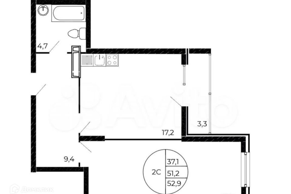 Продаётся 2-комнатная квартира, 52.9 м²