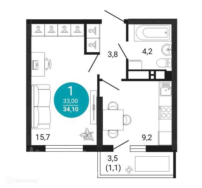 Продаётся 1-комнатная квартира, 34.1 м²