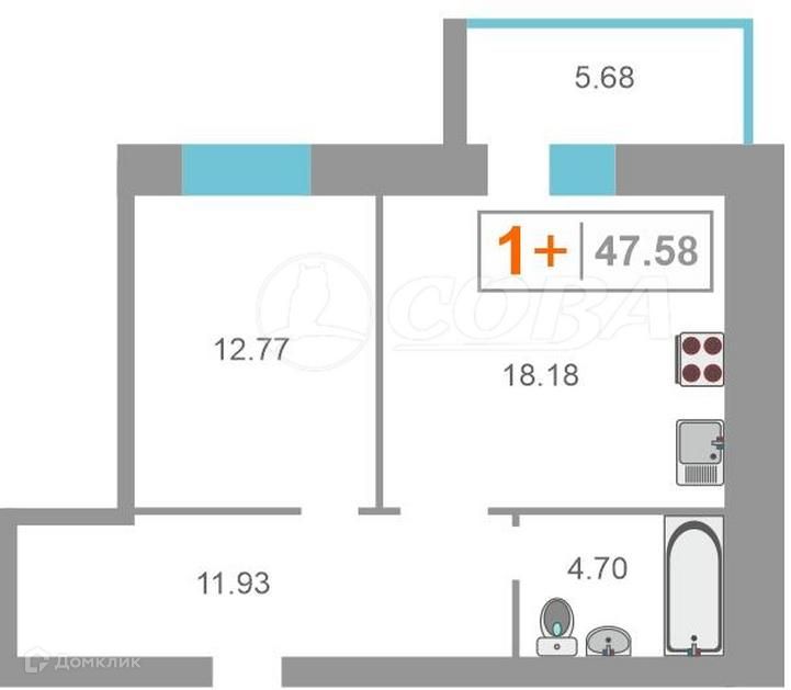 Продаётся 1-комнатная квартира, 47.6 м²