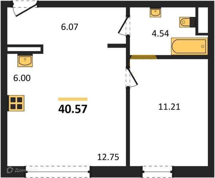 Продаётся 1-комнатная квартира, 40.57 м²
