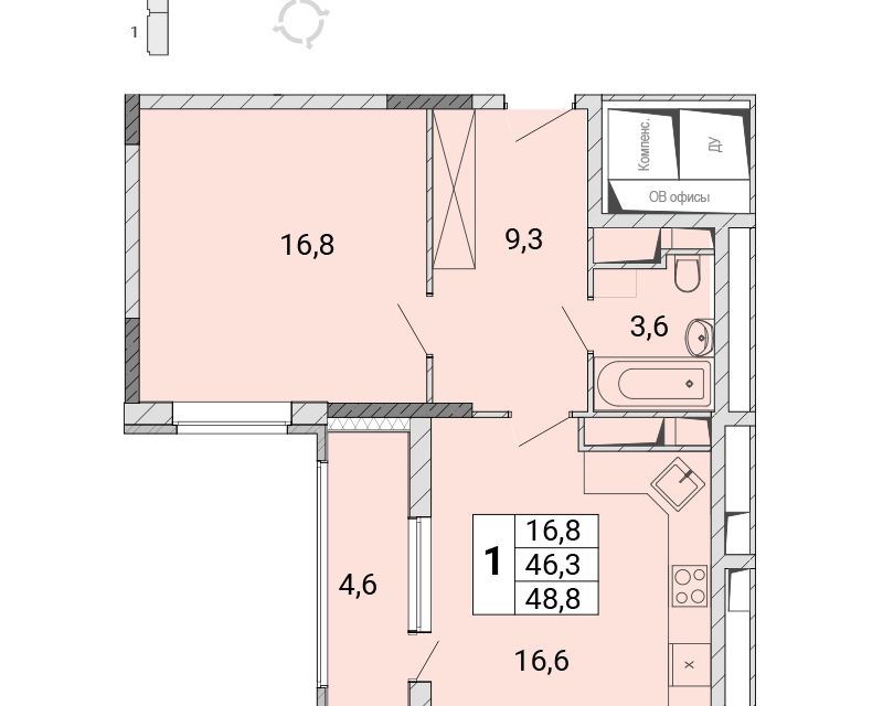 Продаётся 1-комнатная квартира, 48.8 м²