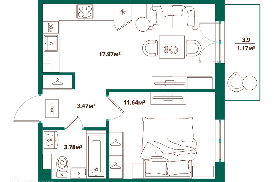 Продаётся 1-комнатная квартира, 38.03 м²
