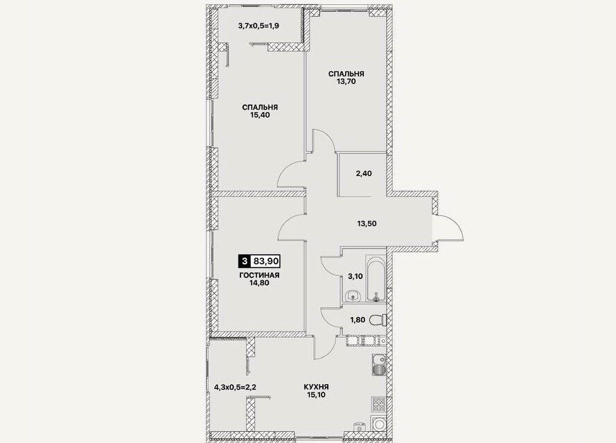 Продаётся 3-комнатная квартира, 83.9 м²