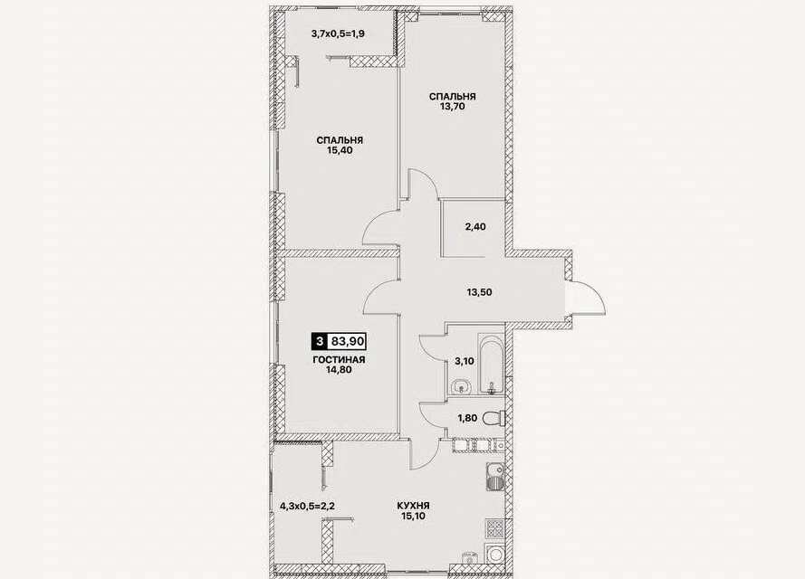 Продаётся 3-комнатная квартира, 83.9 м²