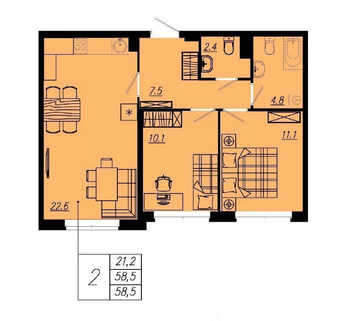 Продаётся 2-комнатная квартира, 57 м²