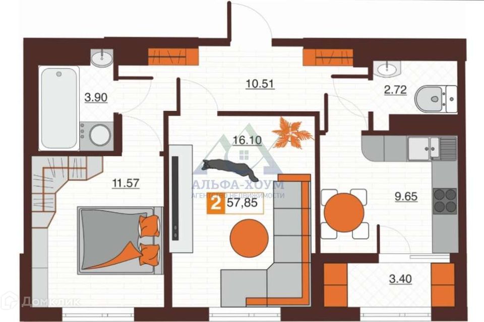 Продаётся 2-комнатная квартира, 58 м²