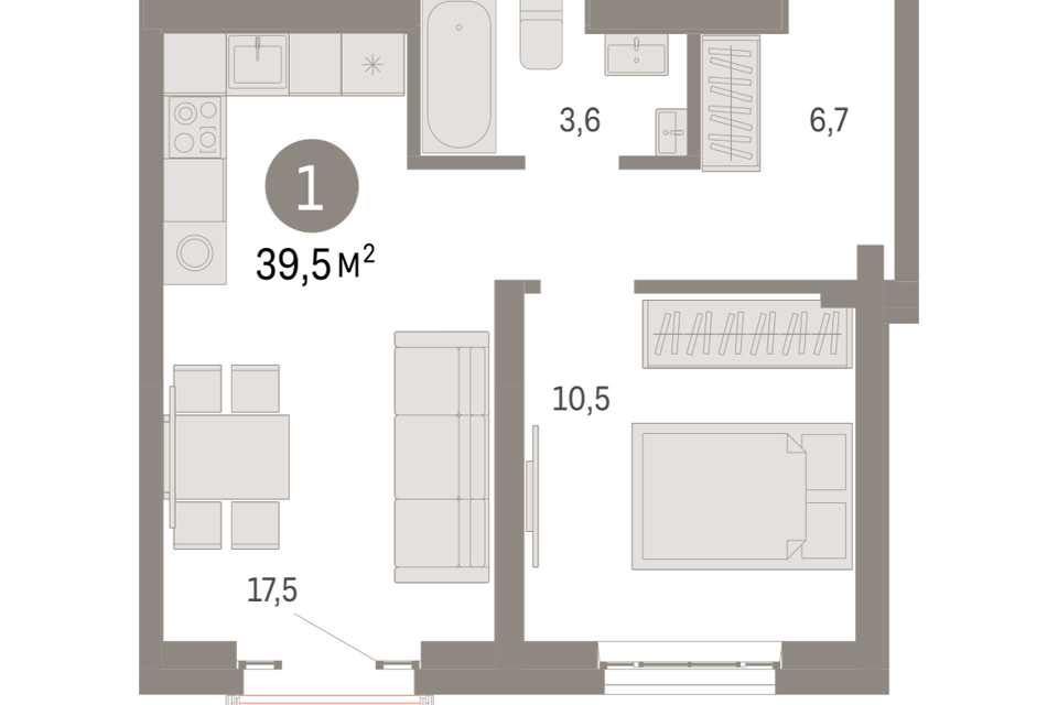 Продаётся 1-комнатная квартира, 39.5 м²