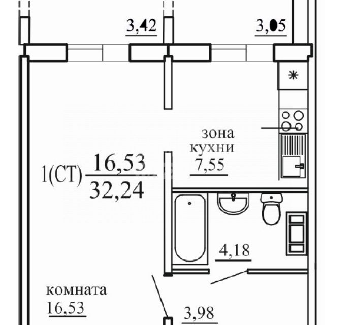 Продаётся 1-комнатная квартира, 32.2 м²