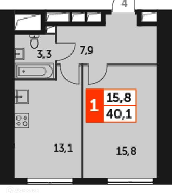 Продаётся 1-комнатная квартира, 40.1 м²