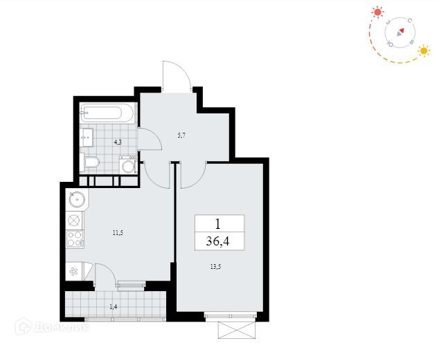 Продаётся 1-комнатная квартира, 36.4 м²